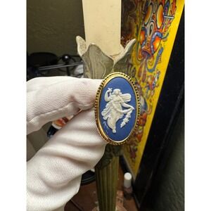 Wedgwood Cameo Brooch Blue White Jasperware Dancing Muse Gold Tone Oval Pin
